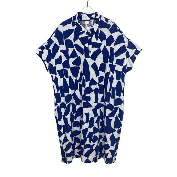 Poetry Linen Cotton Geometric Shift Dress Art To Wear Lagenlook Blue White US 16 - Picture 2 of 15